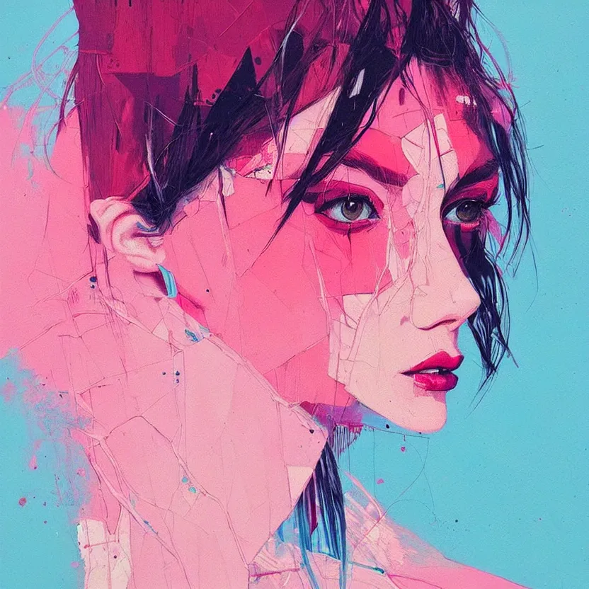 Prompt: close up portrait painting of a female in nineties street styling, concept art, intricate details, aesthetically pleasing pastel colors, art by conrad roset