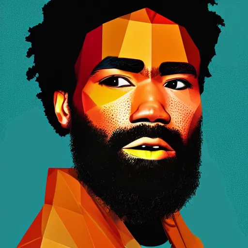 Prompt: colorful low poly close-up illustrations of Donald Glover