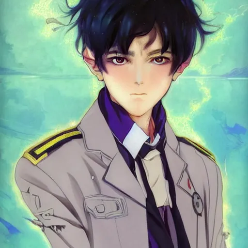 Image similar to small boy with black hair and blue purple eye, school uniform, anime style, hyper detailed, illustration, digital painting, art by artgerm and greg rutkowski and alphonse mucha, high delicate defined details, anime stylized, highly detailed, realistic, sharp focus