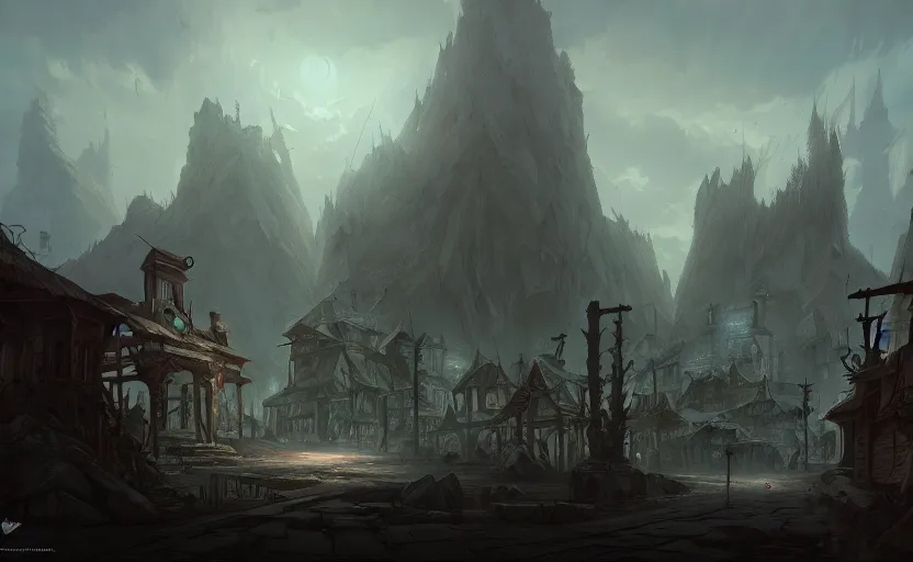 Prompt: epic concept art depicted an ancient cursed town | | art by jakub rebelka and tyler edlin | | dramatic mood, overcast mood, dark fantasy environment | | trending on artstation, unreal engine, hyperreal movie shot