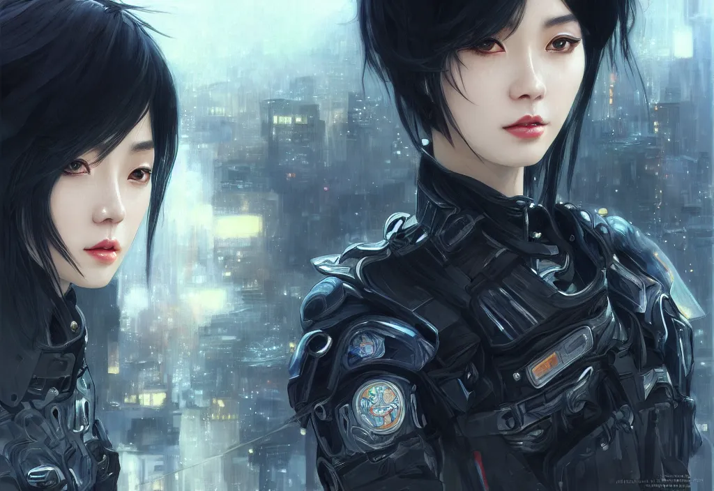 Prompt: portrait dilireba + black hair of futuristic female police, black armored uniform, at rooftop futuristic colorpunk tokyo rainy night, ssci - fi and fantasy, intricate and very very very beautiful, highly detailed, digital painting, artstation, concept art, smooth and sharp focus, illustration, art by tian zi and wlop and alphonse mucha