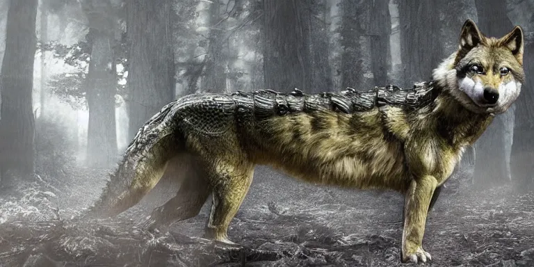 Image similar to chimera made of a wolf and a crocodile, awarded on pixiv, ultra realism, fantasy, trending on deviantart, realistic wood swamp, professional photoshop artwork