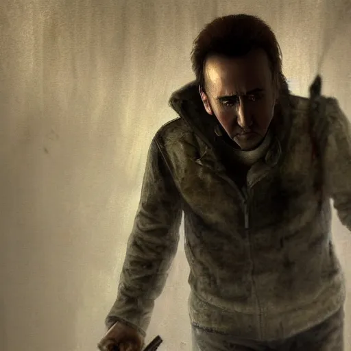 Prompt: nicolas cage hiding behind a corner holding a pipe in silent hill, ultra realistic, highly detailed, trending on artstation