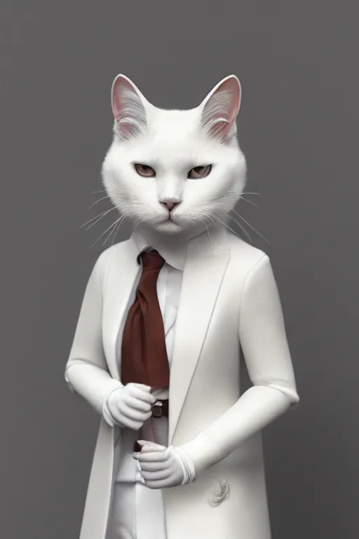 Image similar to a white cat wearing a formal overcoat, hyperrealistic, concept art, octane render, unreal engine 5, trending on DeviantArt, highly detailed, high quality, 8K, soft lighting, cute, studio background, studio lighting, realistic face, trending on Artstation, elegant clothes, profile picture