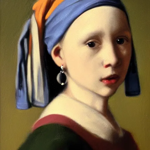 Prompt: a portrait of a young girl wearing a pearl earring. The girl is looking over her shoulder at the viewer with a sly expression on her face. naturalistic style with soft, muted colors. The girl's face is the only part of the painting that is in sharp focus. The rest of the painting is done in a soft, blurry style. The girl's face is lit from the left, creating a soft, halo-like effect around her head. The pearl earring is the only source of light in the painting. an oil tronie painting.