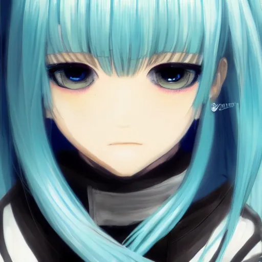 Image similar to profile shot of rimuru tempest, sky blue, straight hair, long bangs, | gold colored eyes | wearing a black jacket with white stripes, very high collar, highly detailed, unreal engine 5, digital painting, cinematic, wlop | artgerm, pixiv, yoshitaka amano, greg rutkowski, ilya kuvshinov, andy warhol