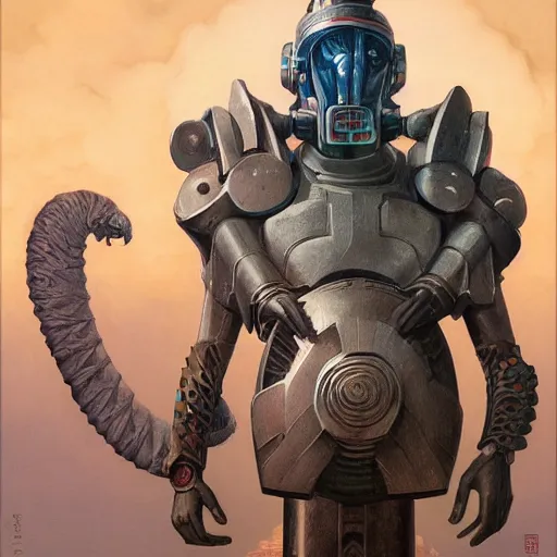 Prompt: soldier in art deco mayan power armor with strange spiral clouds in the background by j. c. leyendecker, barlowe, makoto kobayashi, greg rutkowski, and beksinski