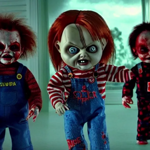 Image similar to Chucky the killer doll from the movie Child's Play surrounded by zombies in a still from the movie Dawn of the Dead 8k hdr