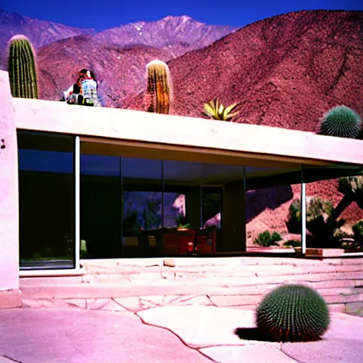 Prompt: hillside desert pavilion, palm springs, metal, glass, stone, large overhangs, beautiful vistas with cacti, rectangular pool, minimal kitchen, sliding glass windows, rust, shadows, tall entry, 8k, realistic, photo by julius shulman