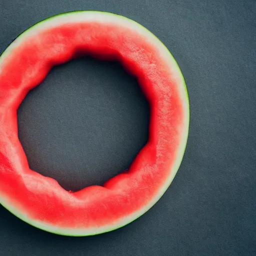 Prompt: Perfectly circular donut!!!!! in the shape of a watermelon!!!!!!, trending on artstation, 4k, 8k, professional photography, overhead shot, 35mm lens