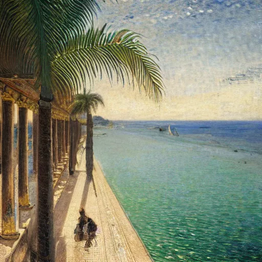 Image similar to a ultradetailed beautiful painting of the amazonas palace balustrade designed by jules bastien - lepage, hans belmer, frank weston and gustave baumann, beach, trending on artstation, mediterranean, palm trees, refracted color sparkles, sharp focus, soft light, 8 k 4 k