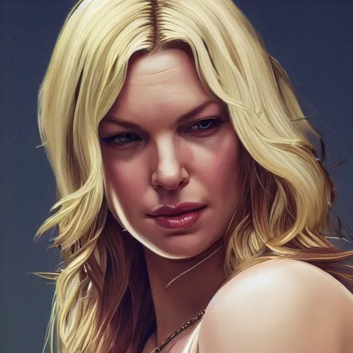 Prompt: Katherine Heigl with blonde hair as a lowlife thug as a grand theft auto 5 loading screen, close shot, gorgeous, beautiful, intricate, highly detailed, digital painting, artstation, oppressive lighting, concept art, sharp focus, illustration, art by greg rutkowski and alphonse mucha
