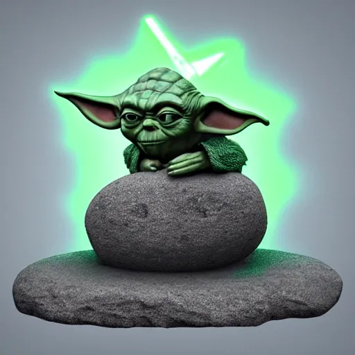 Image similar to 3 d render, yoda kissing the rock