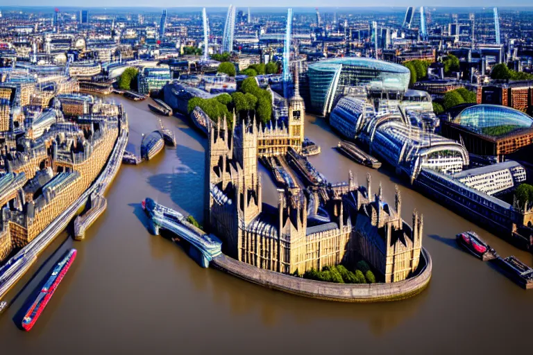 Image similar to an aerial view of a london city with a river running through it, a tilt shift photo by christopher wren, featured on cg society, new objectivity, uhd image, tilt shift, high dynamic range