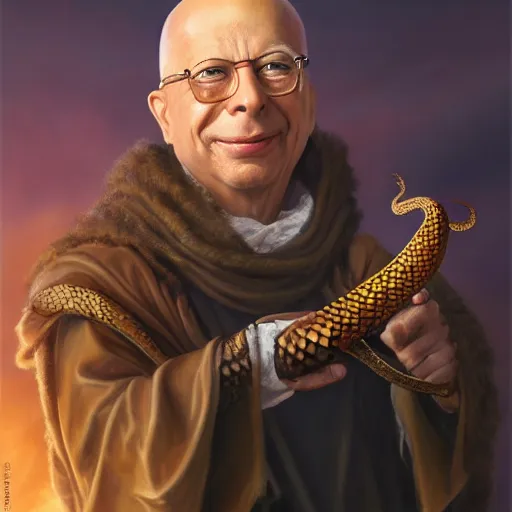 Image similar to a detailed fantasy character painting of Klaus Schwab holding a snake, dressed like Jesus Christ, black glowing eyes, by lauri blank, artgerm, evelyn de morgan, 8K, 50mm lens