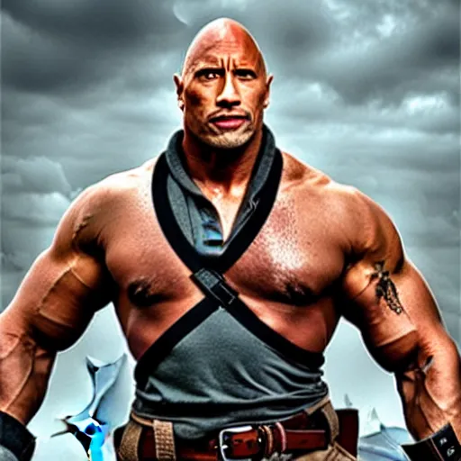 Image similar to dwayne the rock johnson, but he is a dungeons and dragons tiefling. he has overalls and grey skin.