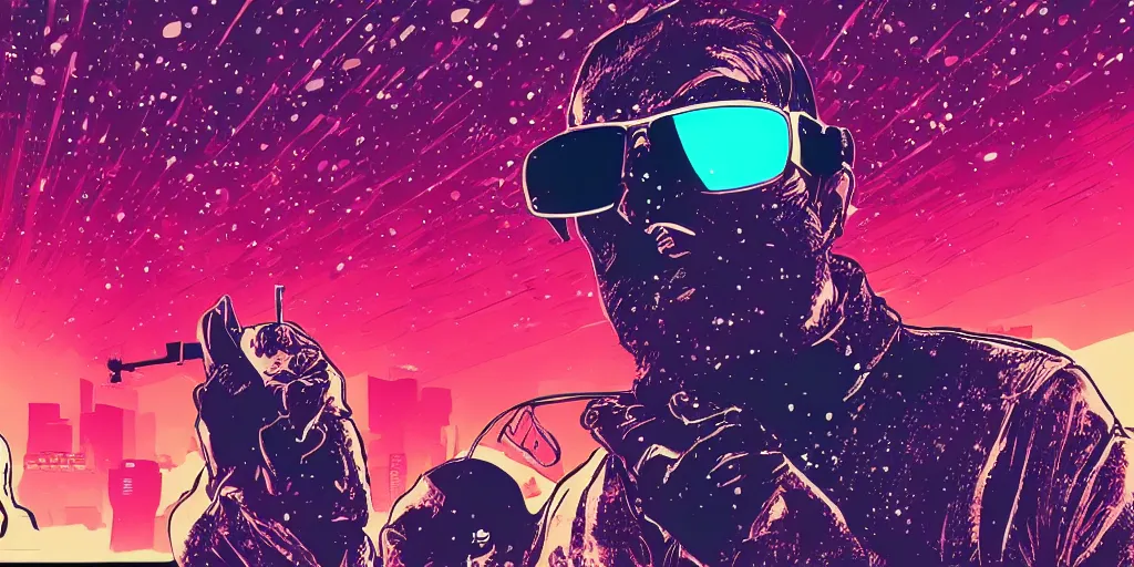 Prompt: an emperor penguin in the space listening to music and wearing sunglasses, max payne style synthwave art