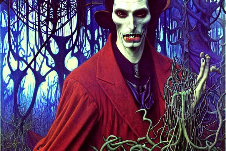 Image similar to realistic extremely detailed portrait painting of an elegantly creepy vampire man dressed as dracula, futuristic sci-fi forest on background by Jean Delville, Amano, Yves Tanguy, Alphonse Mucha, Ernst Haeckel, Edward Robert Hughes, Roger Dean, rich moody colours, blue eyes