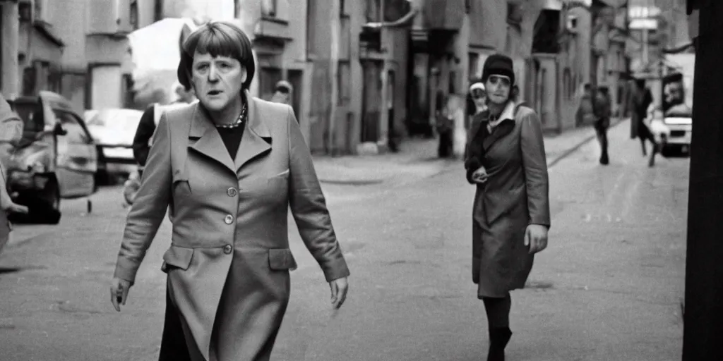 Prompt: film still of Angela Merkel acting as a 1980s spy, dark Berlin alley, tense atmosphere, Cold War era, cinematic environment, 135mm,
