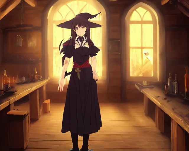 Image similar to key anime visual portrait of a young female witch in a tavern interior, dynamic pose, dynamic perspective, cinematic, dramatic lighting, muted colors, fine detail, textured