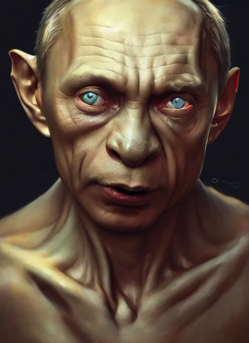 Prompt: portrait of vladimir putin as gollum, subsurface scattering, by jesper ejsing, justin gerard, tomasz alen kopera, cgsociety and fenghua zhong, highly detailed, rim light, cinematic lighting, illustration, art, octane render, very coherent, cinematic, hyper realism, high detail, octane render, 8 k