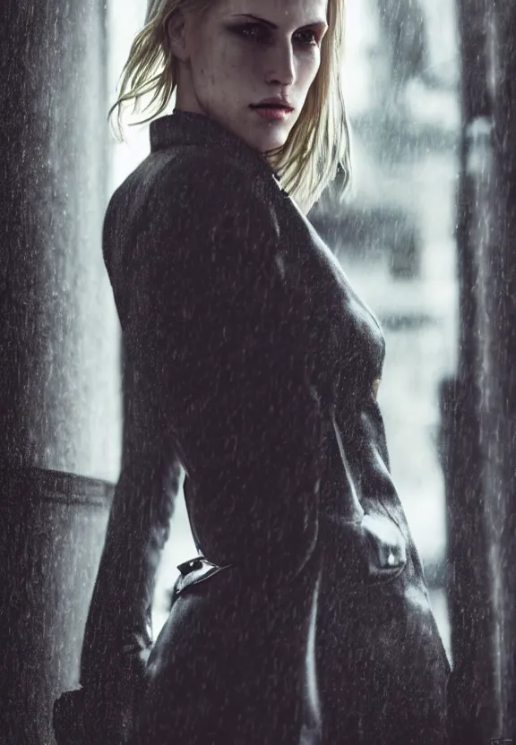 Prompt: cosmopolitan model annie leonhart posing in dunwall city, beautiful face, detailed face, realistic eyes, cinematic lighting, rainy weather, melancholy atmosphere, volumetric light, gothic architecture, realistic reflections, model agency, instagram photo, depression atmosphere, shot on sony a 7, beauty filter, postprocessing