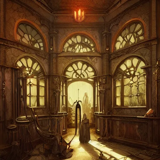 Image similar to intricate detailed victorian goth interior of a vintage 1 9 7 0 s hospital by peter mohrbacher and dan mumford, cgsociety