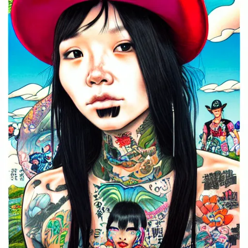 Prompt: full view of taiwanese girl with tattoos, wearing a cowboy hat, style of yoshii chie and hikari shimoda and martine johanna and will eisner, highly detailed