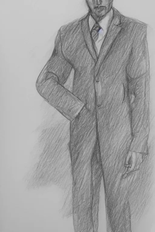 Image similar to a drawn man standing in the rain in a jacket with an umbrella. pencil sketch.