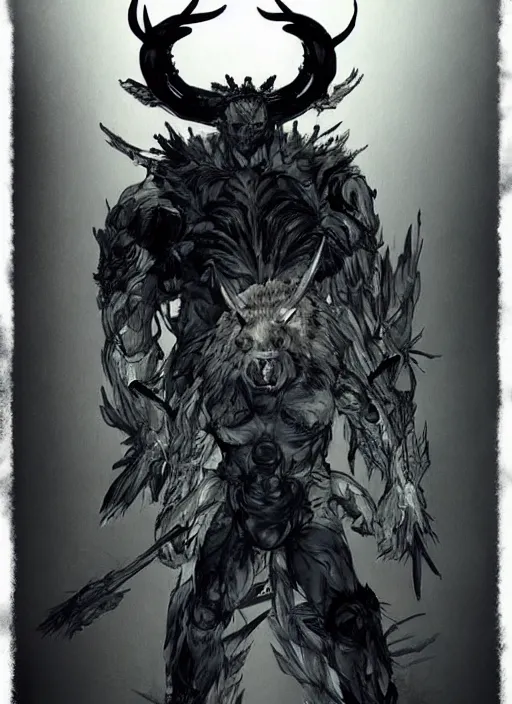 Image similar to Full body portrait of horned bear spirit. In style of Yoji Shinkawa and Hyung-tae Kim, trending on ArtStation, dark fantasy, great composition, concept art, highly detailed.