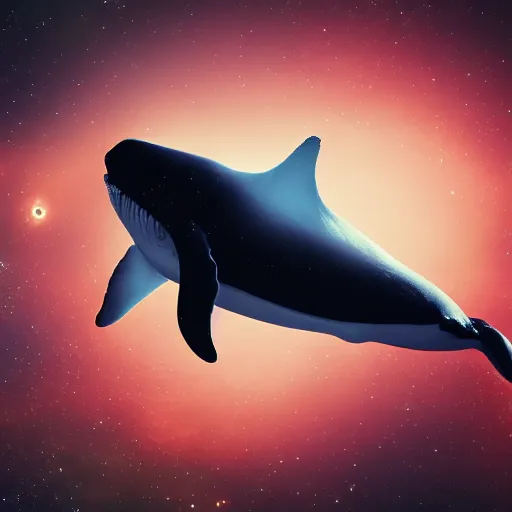 Prompt: a whale floating through space with stars and planets, diffused light, golden ratio, 8 k