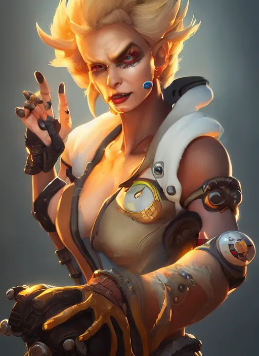 Prompt: character portrait of a fusion of Junkrat from Overwatch and Mercy from Overwatch by ArtGerm and Tom Bagshaw, 4k, highly detailed, cinematic lighting, characters merged