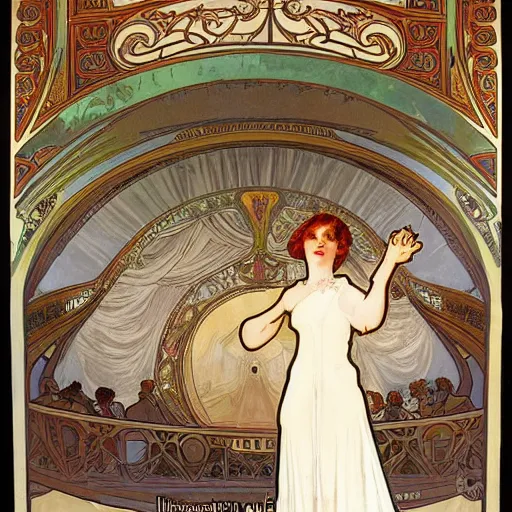 Image similar to painting by alphonse mucha, interior of an opera house with a singer in a white dress on a lighted stage with an orchestra and audience in the hall