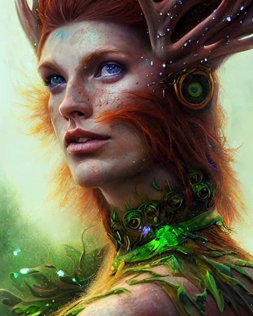 Image similar to muscular female druid, perfect face, thin antlers, green halter top, ginger hair, abs, cinematic, freckles, stunning, athletic, strong, agile, highly detailed, psychedelic, digital painting, artstation, smooth, hard focus, illustration, art by jessica rossier and and brian froud