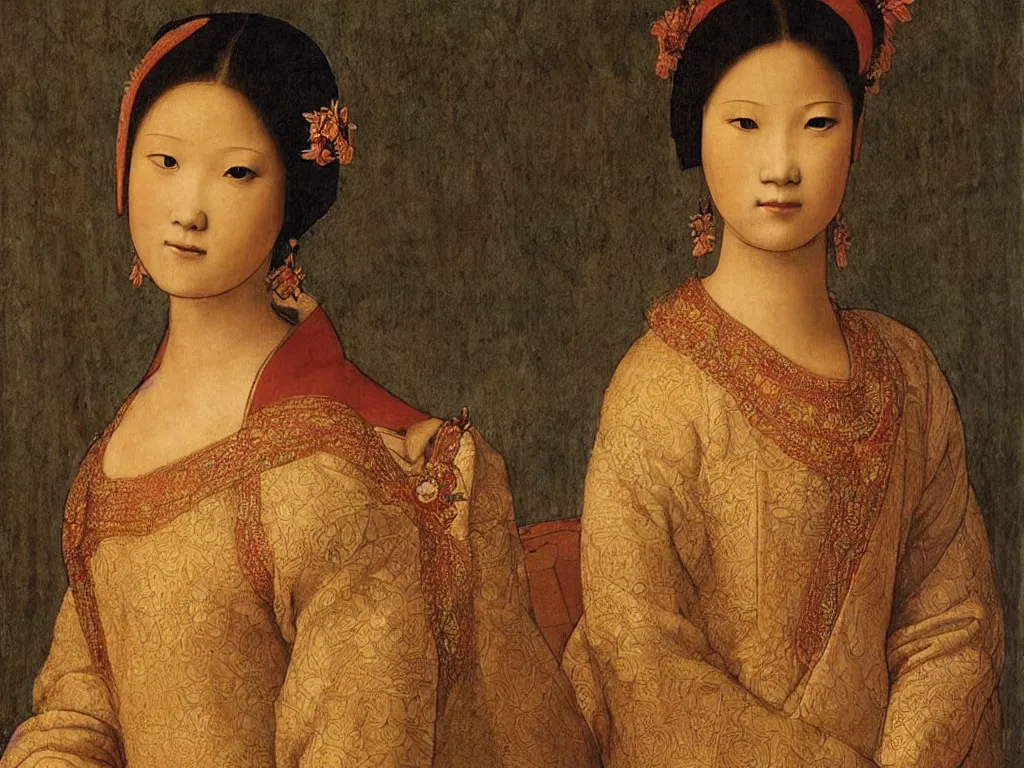 Prompt: portrait of a young woman in thai traditional costume. painting by leonardo da vinci