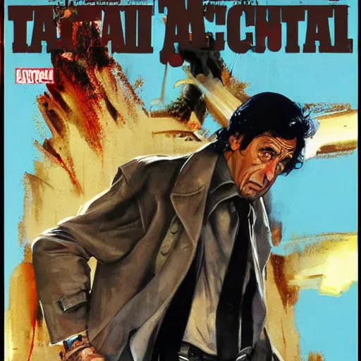 Image similar to full body and head portrait of al pacino in tattered suit and trench coat, dynamic action, painted by norman rockwell and phil hale and greg staples and tom lovell and frank schoonover and jack kirby