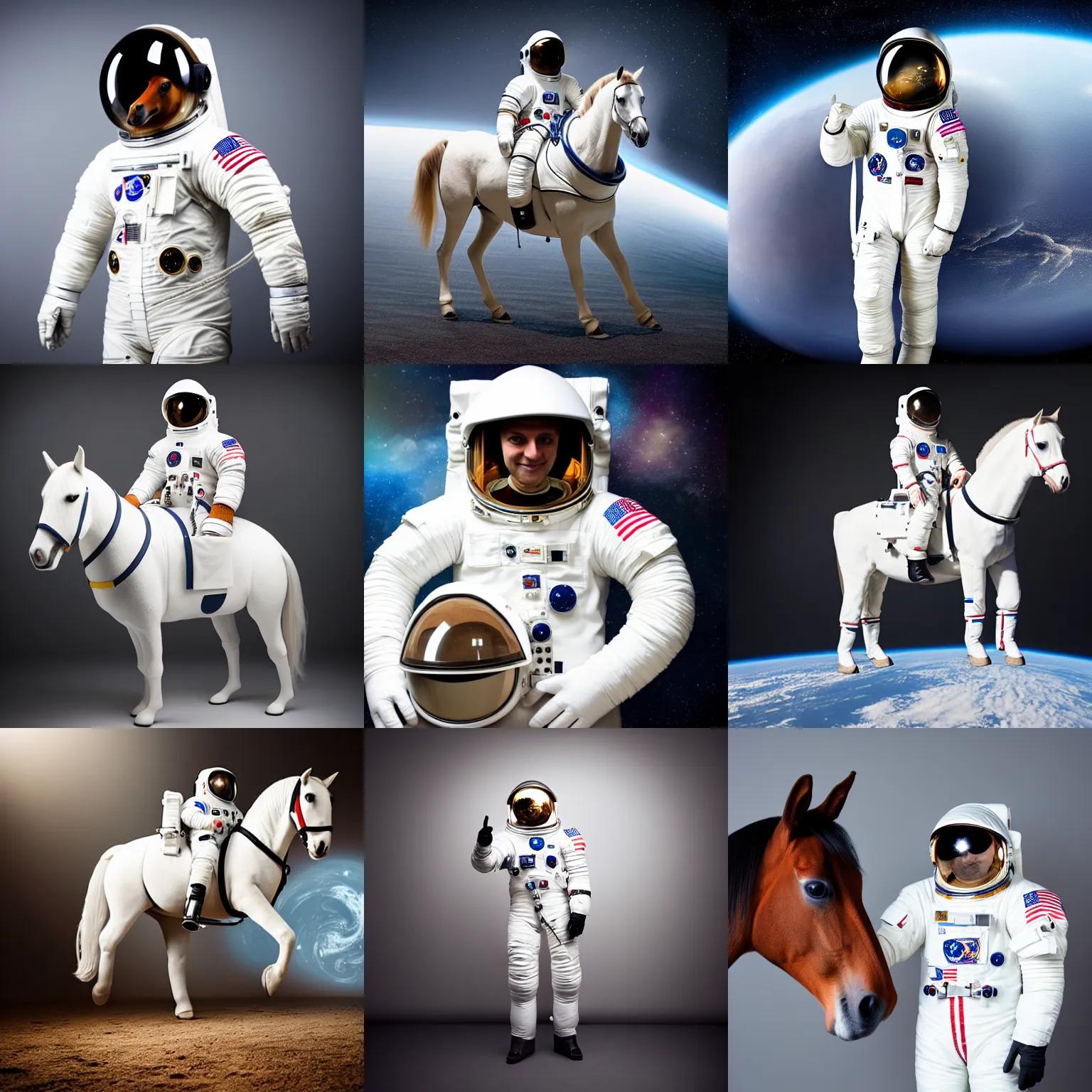 Prompt: horse wearing white spacesuit as astronaut, epic photoshoot studio light, realistic 8 k documentary
