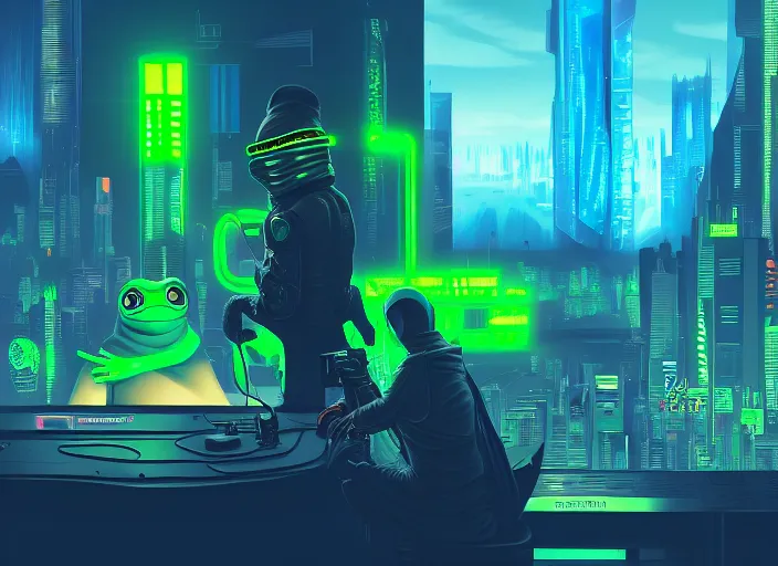 Image similar to cyberpunk pepe the frog, futuristic cityscape, computers, dylan kowalski, marat zakirov, albert ramon puig, trending on artstation, 8 k