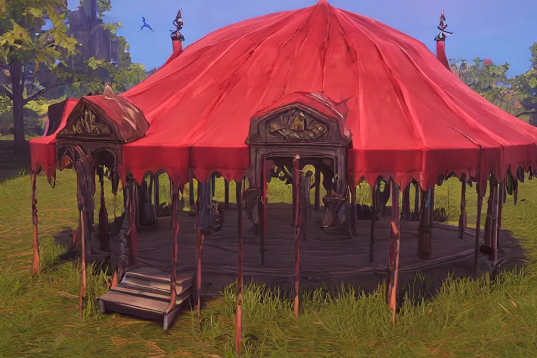 Image similar to 3d sculpt of a dark fantasy gothic circus tent, artstaton, League of Legends, red dead redemption2, overwatch, digital illustration