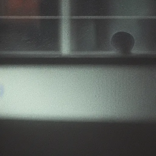 Prompt: grey alien at the window, blurry photo, night