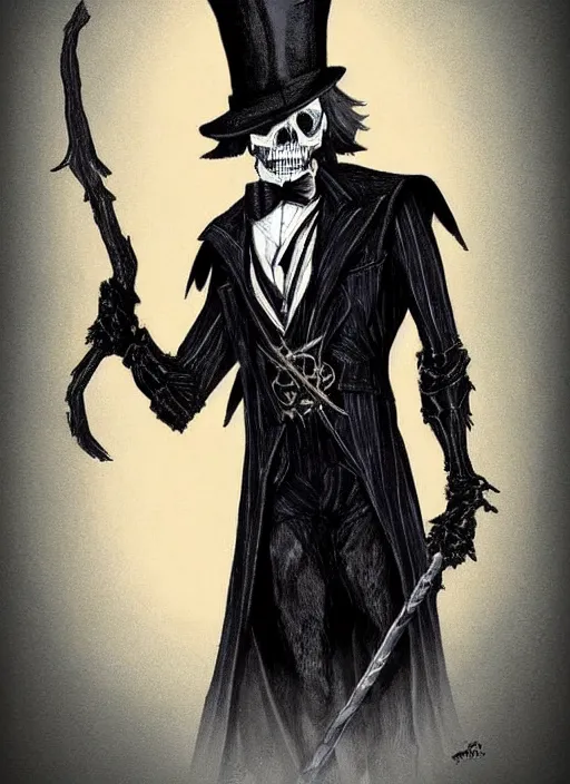 Image similar to DND character art, skeletal male figure, wearing a deep black suit!!! and tie and top hat, holding a gold! cane!. blue!!! flames!!