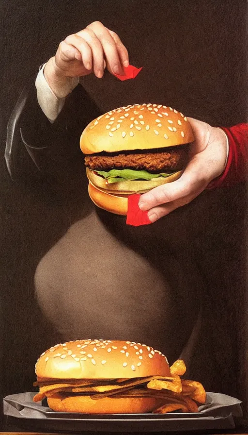 Image similar to hyperrealistic still life painting of a Trump holding a McDonalds burger, by Caravaggio, botanical print