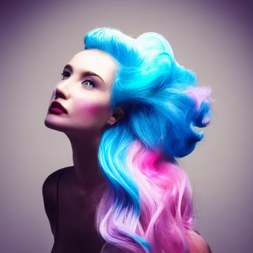 Prompt: a dramatic photo of a beautiful woman with cotton candy hair. with a little bit of cyan and pink