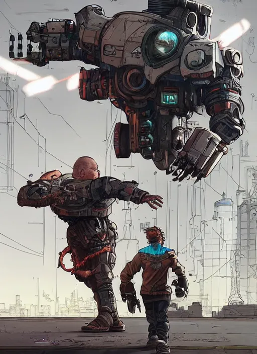 Image similar to Dumb Thug. Buff cyberpunk meathead fighting a small robot. Realistic Proportions. Epic painting by James Gurney and Laurie Greasley. Moody Industrial setting. ArtstationHQ. Creative character design for cyberpunk 2077.