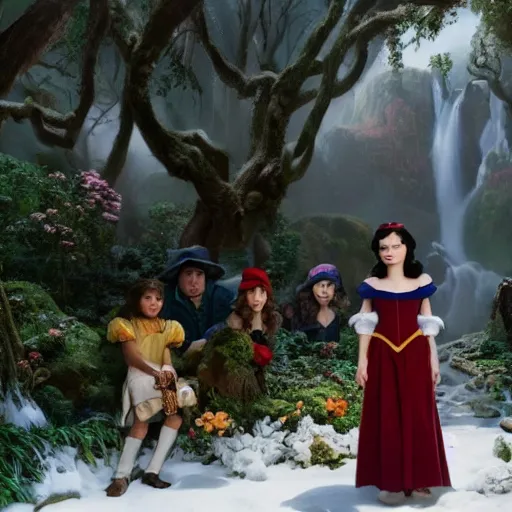 Image similar to zooey channel as snow white with the seven dwarfs, uhd, photorealism, realistic, wide shot, full shot,