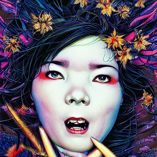 Image similar to portrait of crazy beautiful singer bjork, ymmetrical, by yoichi hatakenaka, masamune shirow, josan gonzales and dan mumford, ayami kojima, takato yamamoto, barclay shaw, karol bak, yukito kishiro