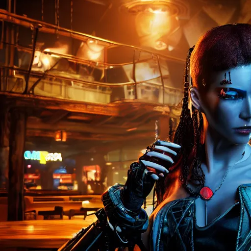 Image similar to a high quality portrait of a beautiful stunning pirate in a cyberpunk cyberpunk cyberpunk cafe, realism, 8k, award winning photo