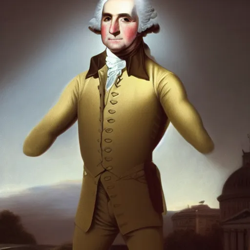 Image similar to still of George Washington posing st Mr. Olympia, full body shot, hyperrealistic, high quality, extremely detailed, face details, powerful, sharp focus