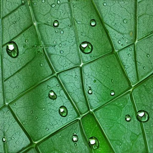 Prompt: Raindrops pooling together on a leaf, digital art