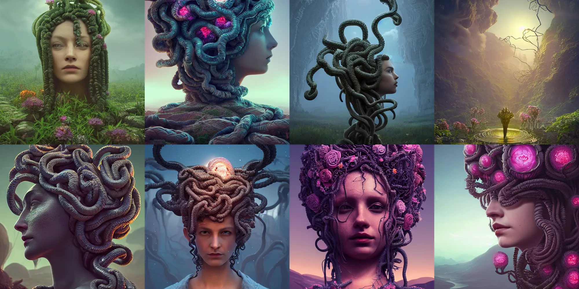 Prompt: beautiful dark landscape, highly detailed medusa gorgon head gaze, beautiful flowers growing in the style of beeple and mike winkelmann, intricate, epic lighting, cinematic composition, hyper realistic, 8 k resolution, unreal engine 5,